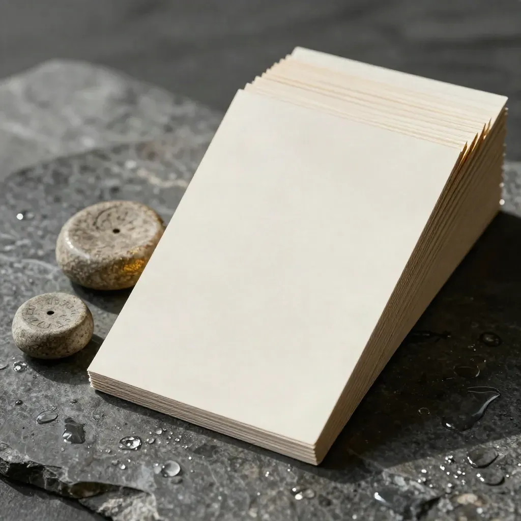 Pale investment review cards, brushed-metal spine and stone weight on wet dark stone.