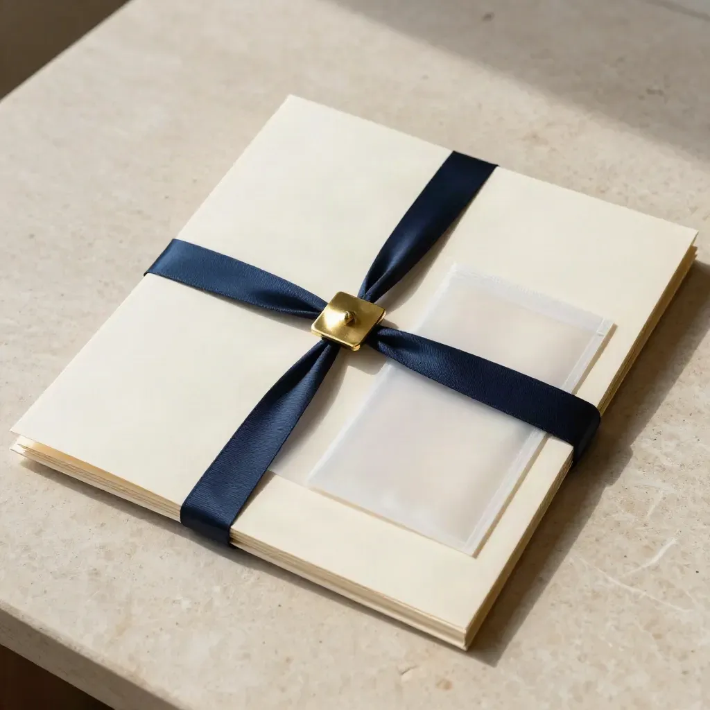 Overhead ivory capital-raise kit with navy ribbon, brass clip and sealed sleeves on pale stone.