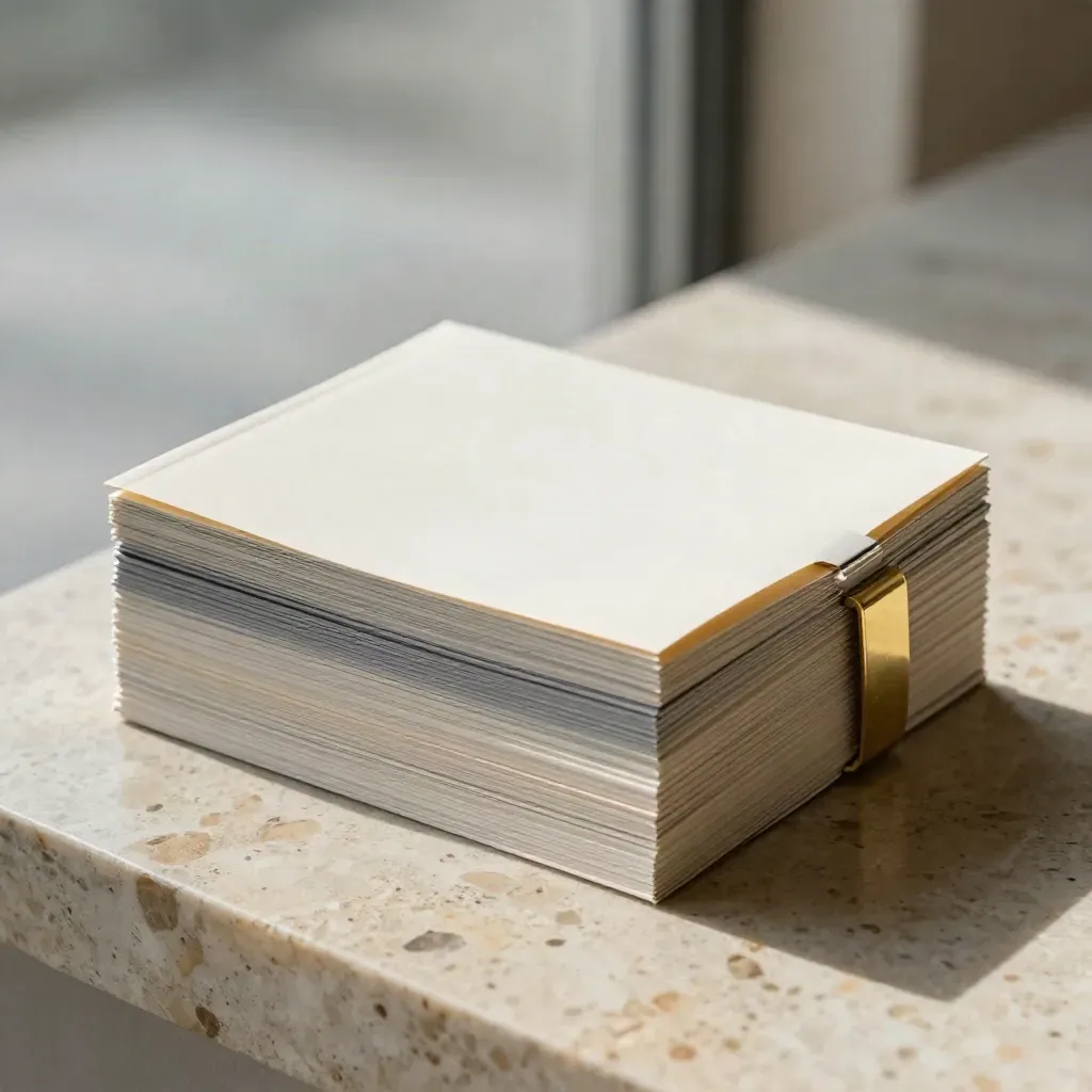 Fanned booklet stack on travertine with brass corner and cream band in soft daylight.