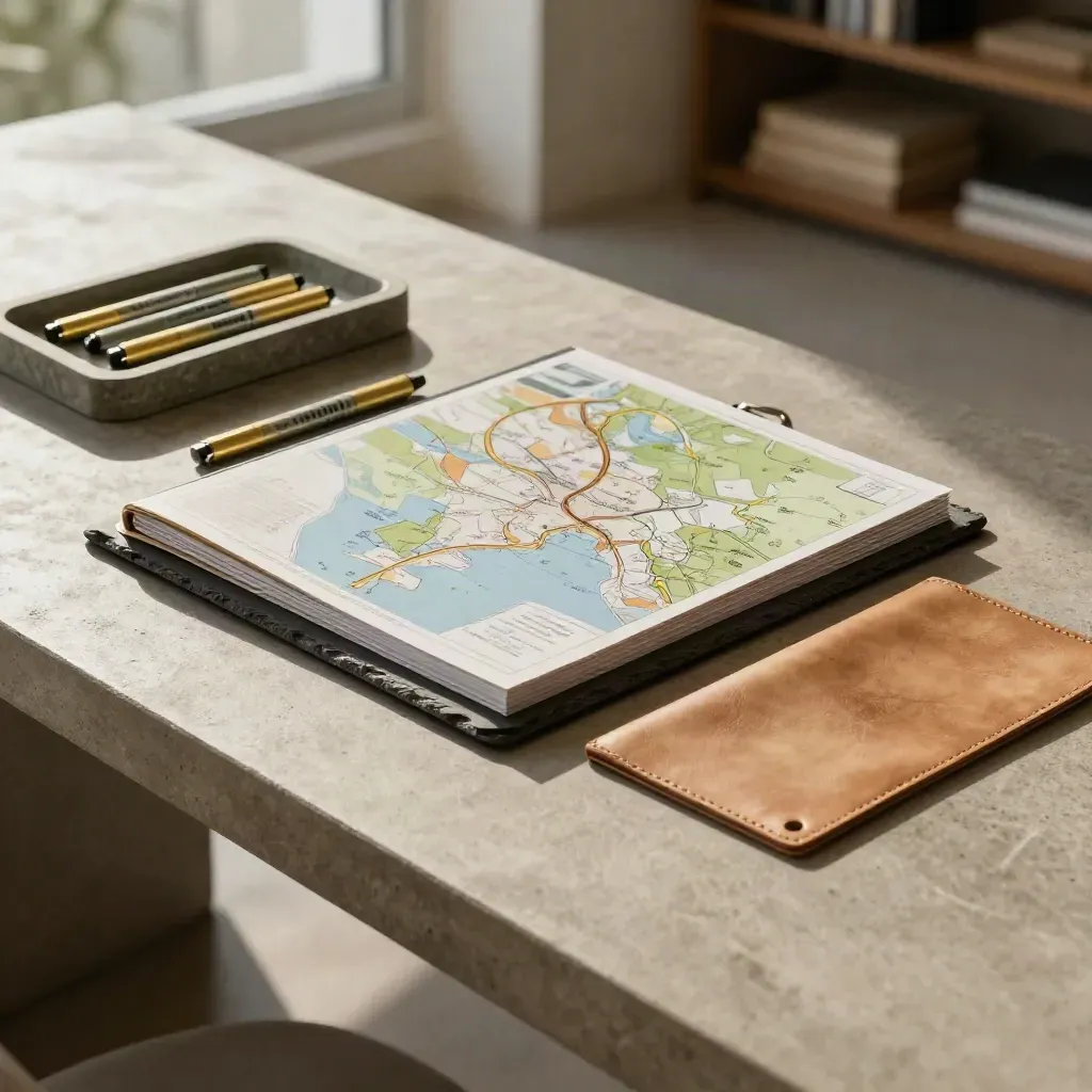 Slate risk session folder, gold markers, stone tray and leather blotter on khaki concrete.