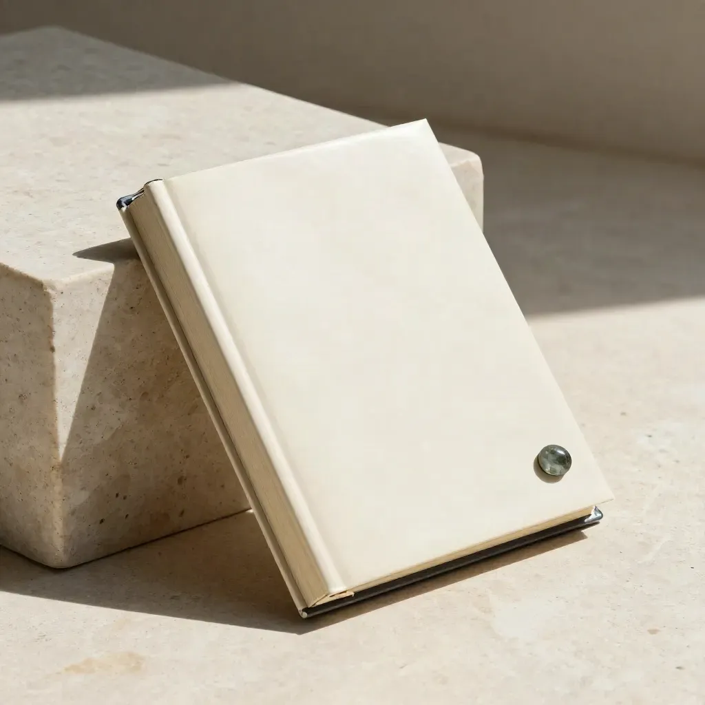 Ivory finance binder leaning on a travertine block with a stone paperweight in soft studio light