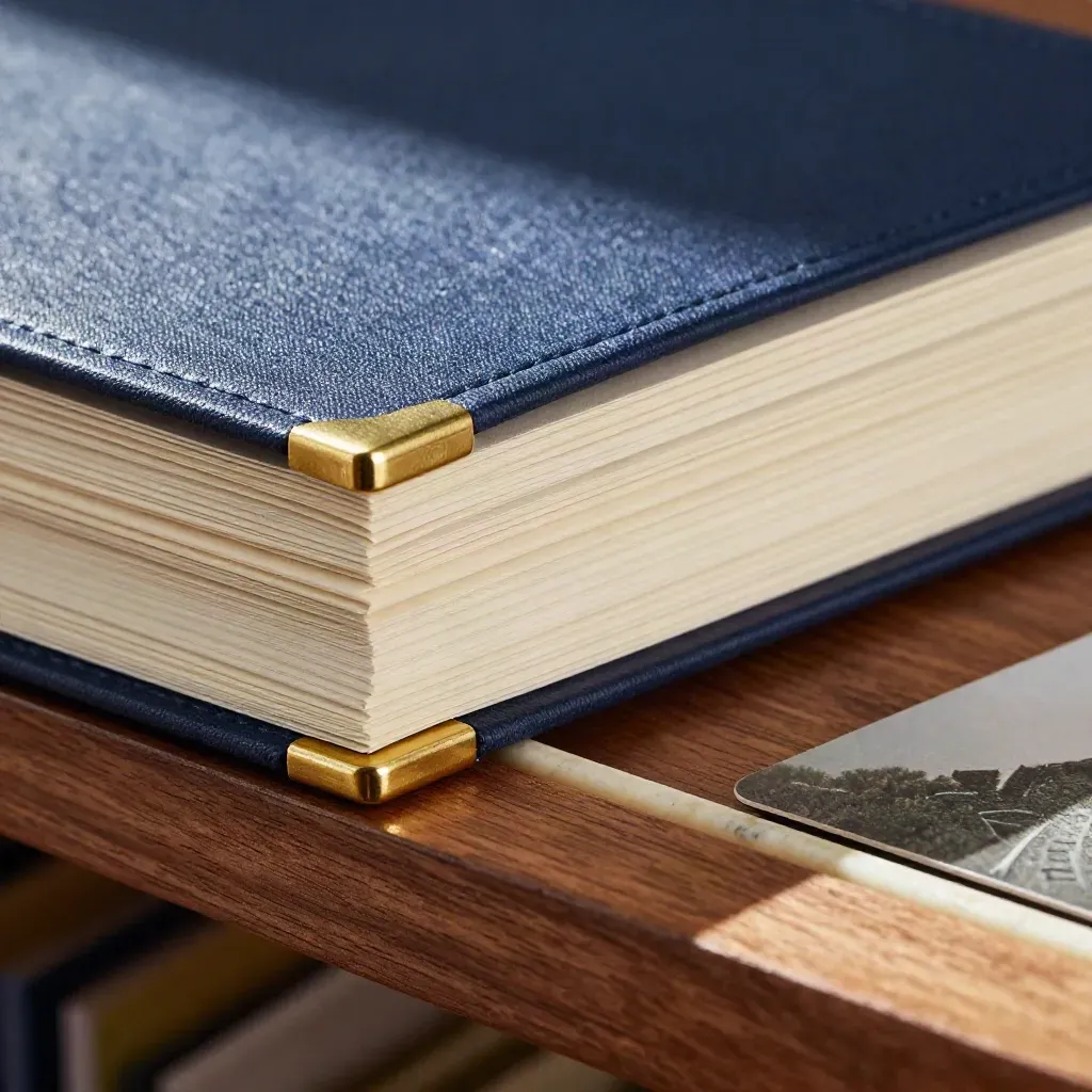 Navy equity notes folio with cream inserts and brass corner detail on a walnut shelf.