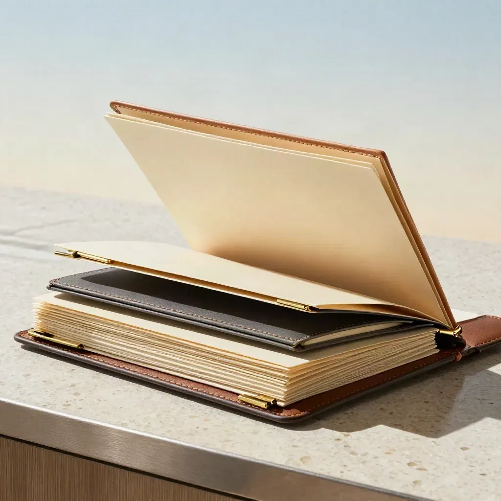 Open finance presentation case with folders, brass divider and leather notebook on travertine.