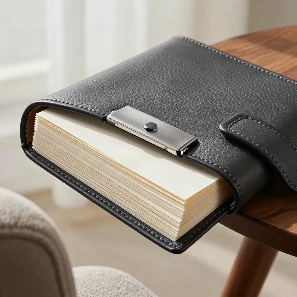 Charcoal leather dossier with cream cards and a brushed metal clip by a chair arm.