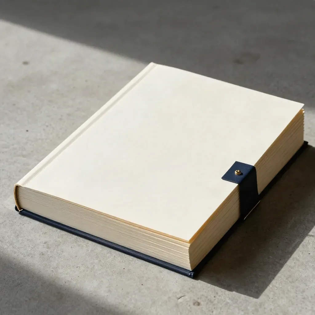 Low three-quarter view of a cream dossier with navy divider and gold clip on concrete