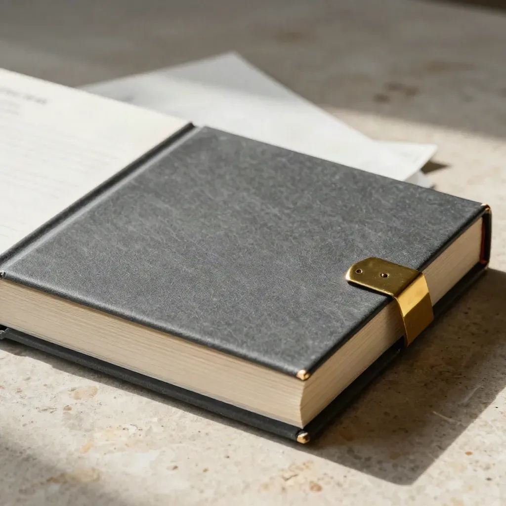 Slate board pack folio with pale tabs and brass clip on a bright studio surface.