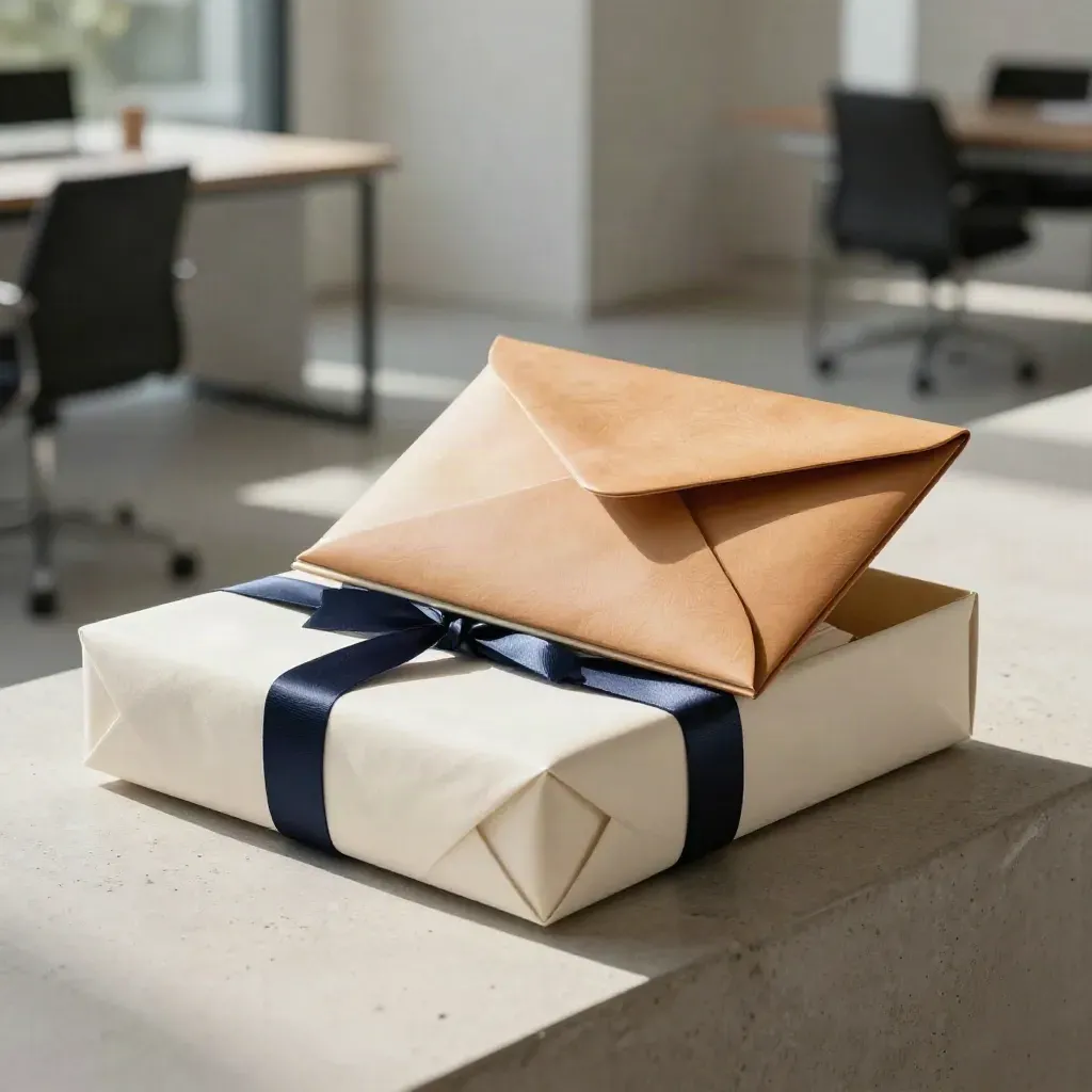 Open ivory cash plan box with navy ribbon and leather envelope on a pale concrete ledge in morning light