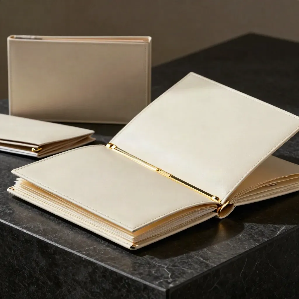 Ivory finance binder opening on black stone, gold clasp glowing under dramatic studio light.