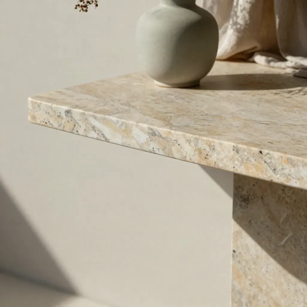 Marble and plaster surface with a ceramic vessel and linen drape in soft light.